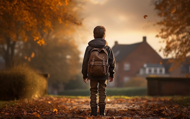 A boy with a backpack walking down a street Back to school AO