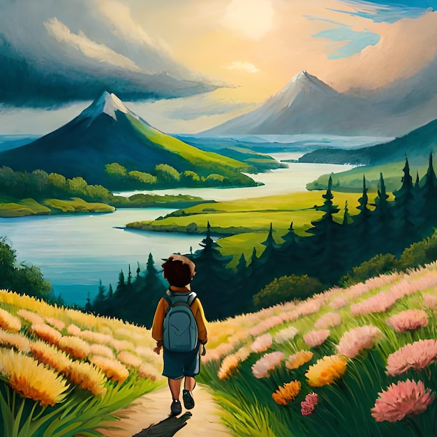 A boy with a backpack walks down a path in a field of flowers.