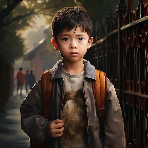 a boy with a backpack walks down a sidewalk.