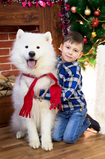 クリスマスに大きな犬と少年。