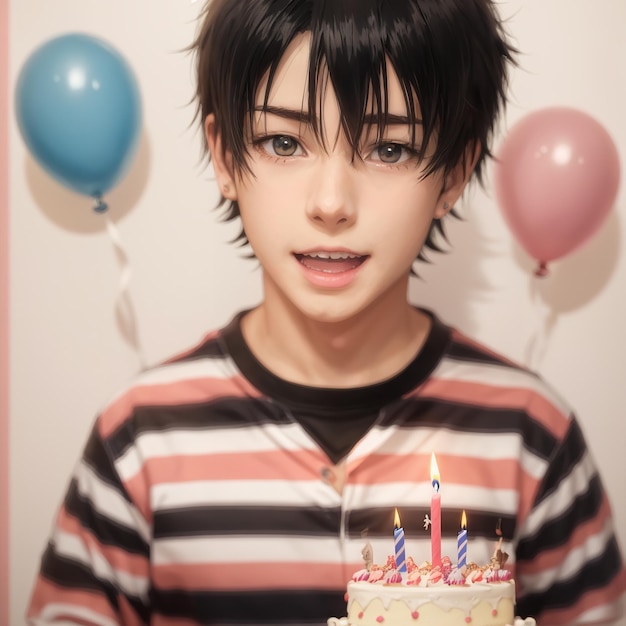 ハッピーバースデーと書かれた壁の前で誕生日ケーキを持った男の子