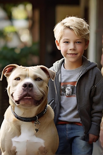 Photo boy with blonde hair and grey eyes standing with his pit bull dog looking mischievous