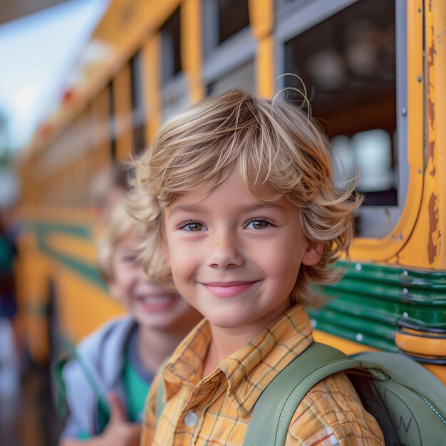 A boy with blonde hair is smiling and standing next to a yellow school bus