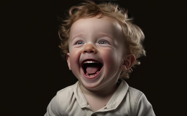 A boy with blonde hair and a white shirt is laughing.