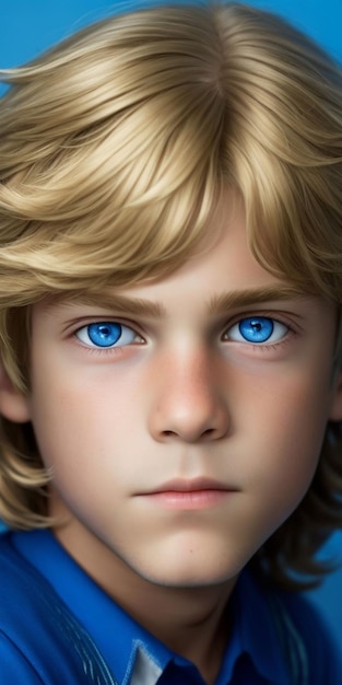 A boy with blue eyes and blue eyes looks at the camera.