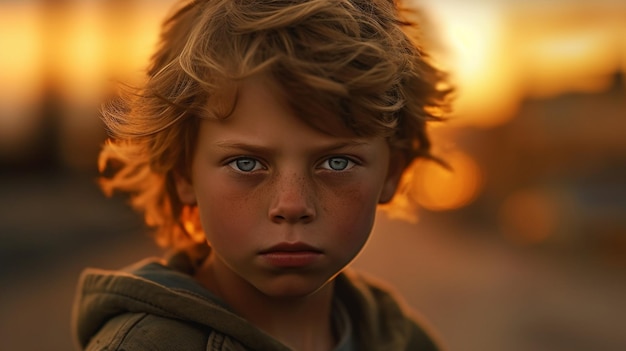 A boy with blue eyes looks at the camera