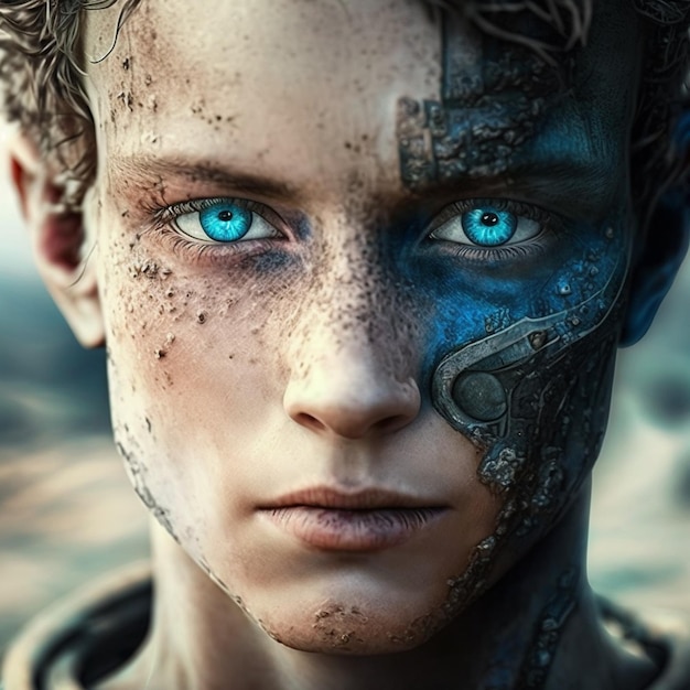 A boy with blue eyes and a robot face