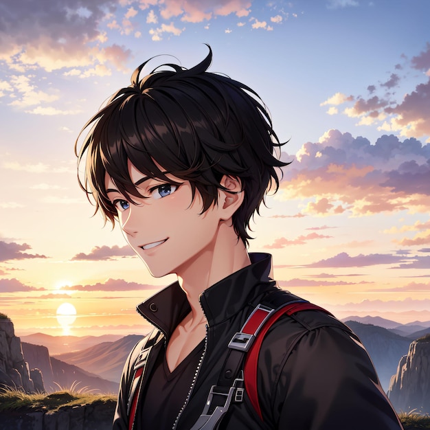 A boy with a blue eyes stands in front of a mountain.