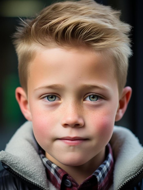 a boy with a blue eyes and a sweater with a red dot on the front