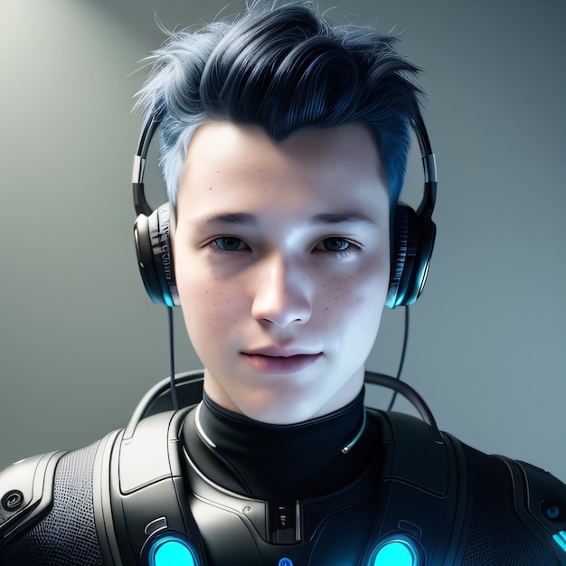 A boy with blue hair and a headphones on