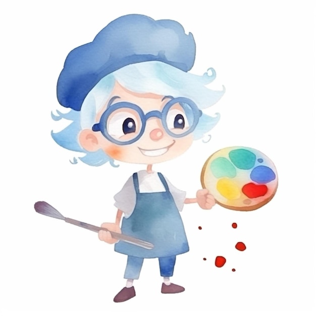 A boy with a blue hat and a blue cap holds a paintbrush and paints.