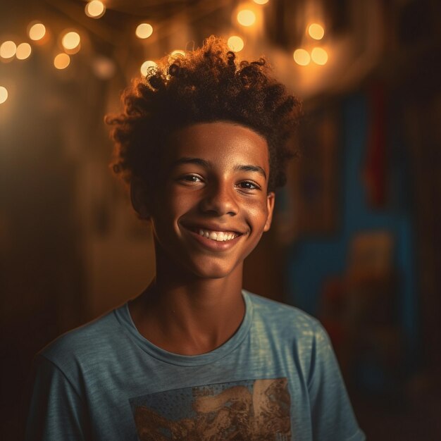 a boy with a blue shirt that says " he's smiling ".