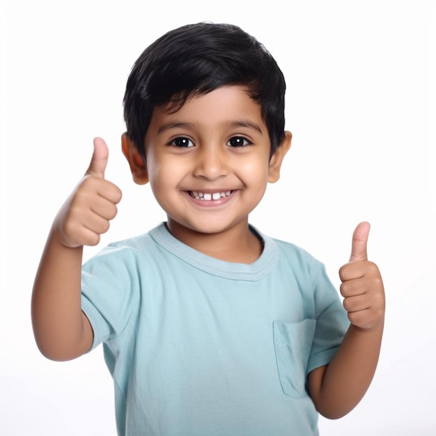 A boy with a blue shirt that says " thumbs up ".