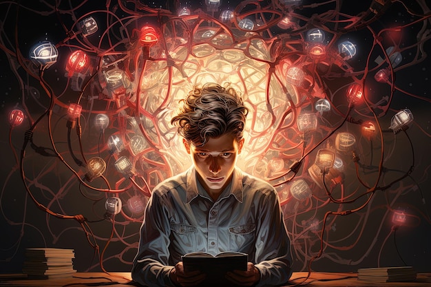 A boy with a book on an abstract background depicting nyrones participating in thinking Generation AI