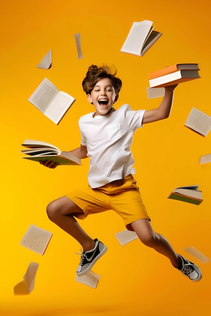 A boy with books is jumping on a yellow background Back to School Generative AI 4