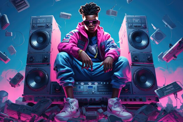 Boy with boombox radio gadgetpunk style bright color gradients dark blue and pink rap aesthetic