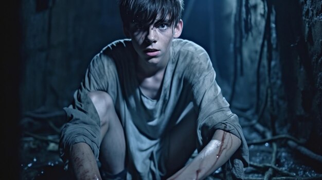 A boy with a broken leg sits in a dark room with a dark background.
