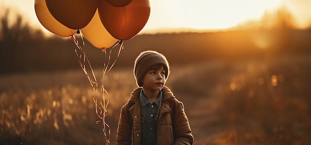 A boy with a bunch of balloons in a field