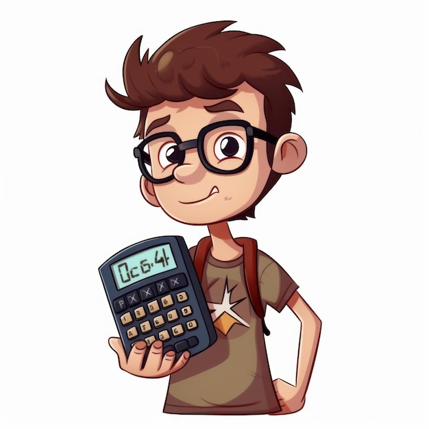 Boy with a calculator cartoon style white background AI generated