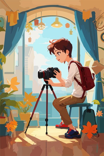 a boy with a camera on a tripod