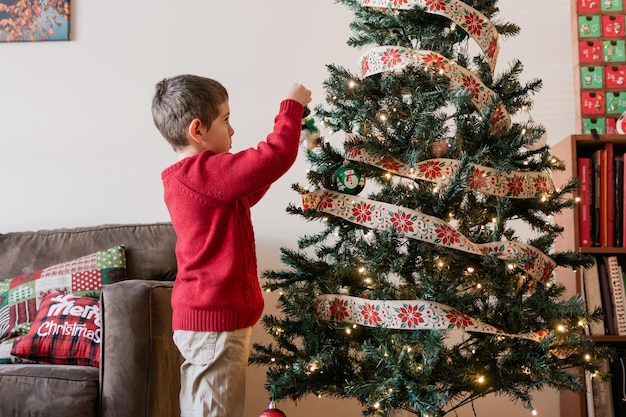 Boy with christmas tree at home