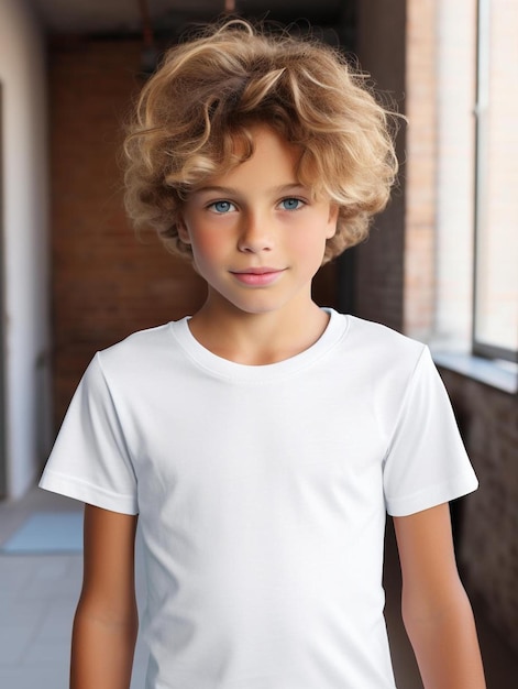 a boy with curly blonde hair wearing a white t - shirt.