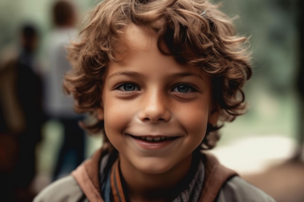 A boy with curly hair smiles at the camera.