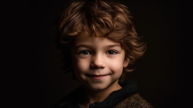 A boy with curly hair smiles in a dark room.