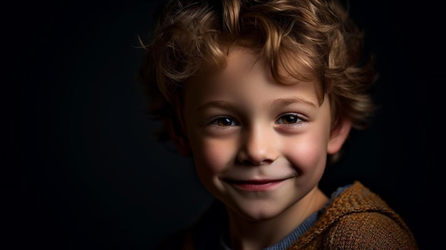 A boy with curly hair smiles in a dark room.