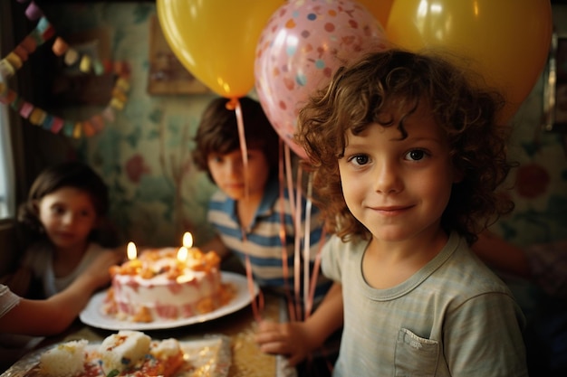 巻き毛と縞模様のシャツを着た少年が誕生日ケーキを見て微笑んでいます。