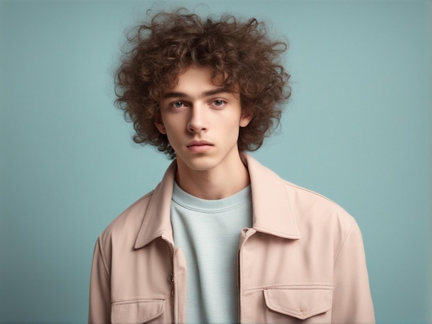 Foto a boy with curly hair wearing trendy clothes pastel color background