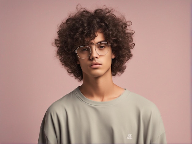 Photo a boy with curly hair wearing trendy clothes and silver rimless eyeglasses