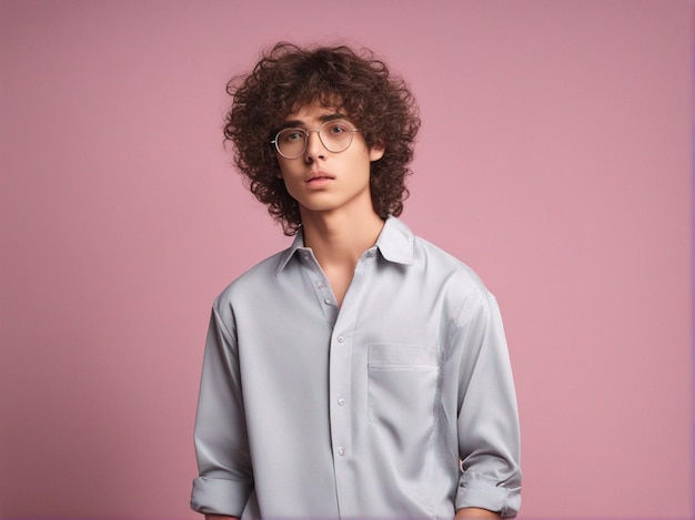 A boy with curly hair wearing trendy clothes and silver rimless eyeglasses