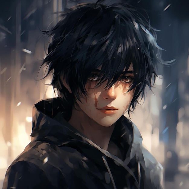 anime boy with blue eyes and black hair staring at the camera. generative  ai. 28462120 Stock Photo at Vecteezy