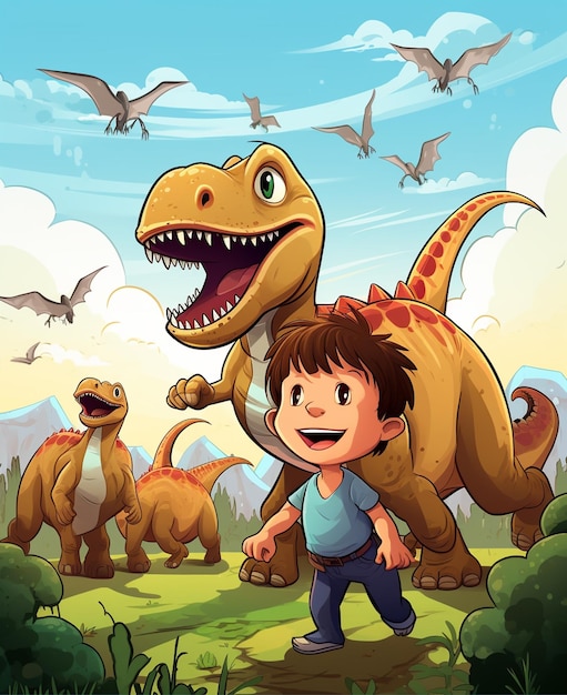 A boy with dinosaur cartoon cover page