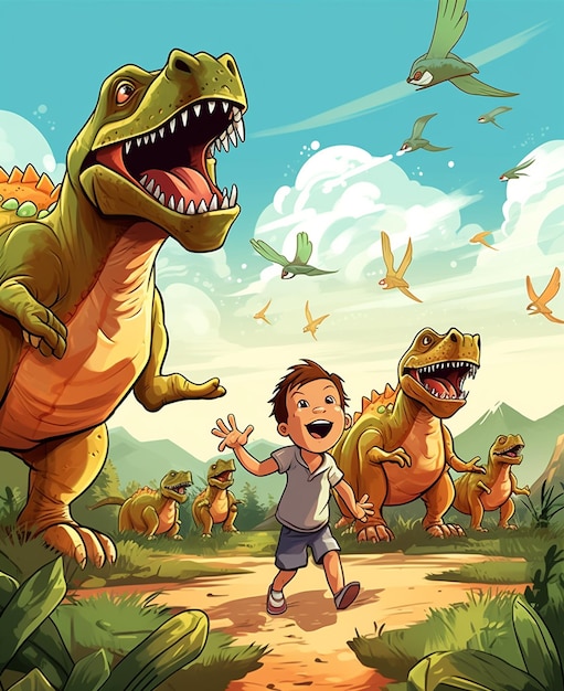 A boy with dinosaur cartoon cover page