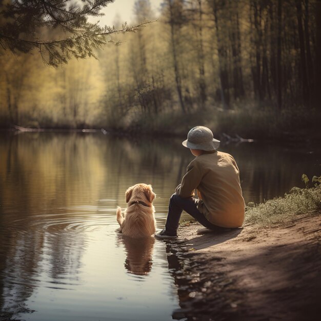 Boy with dog in nature near lake