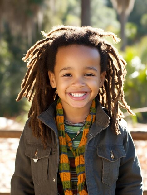 Photo a boy with dreadlocks smiles in front of a forest