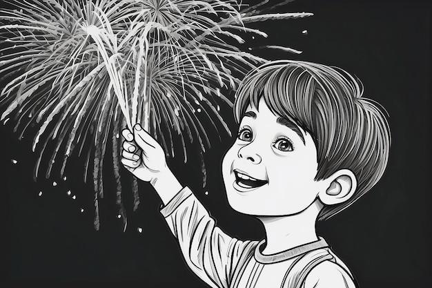 Boy with fireworks isolated coloring page for kids