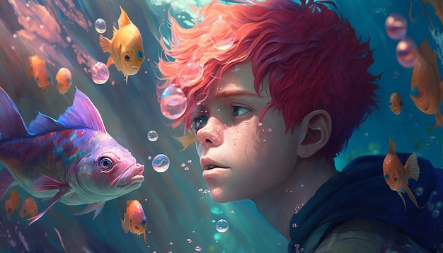 Boy with fish glowing pink hair Ai generated art