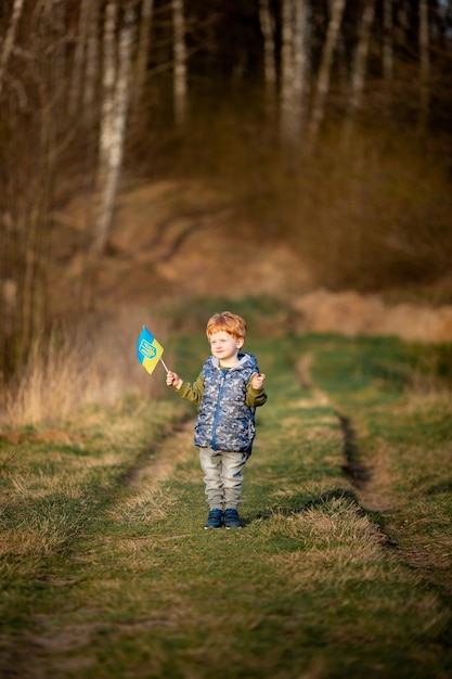 The boy with the flag looks at the sun