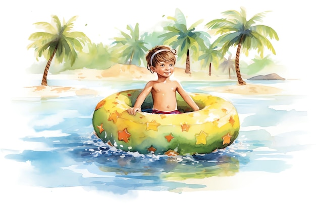 Photo a boy with floaty playing on the beach watercolor illustration