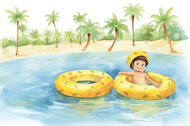 A boy with floaty playing on the beach watercolor illustration