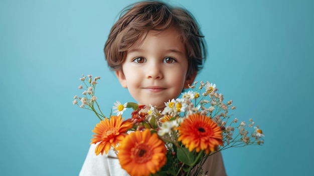 boy with flower bouquet on minimalist background with copy space