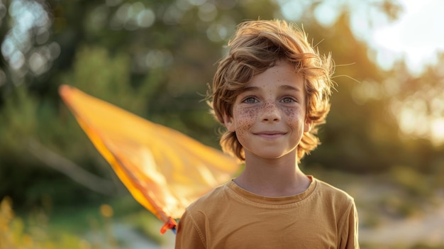 Boy with freckles smiling and holding kite