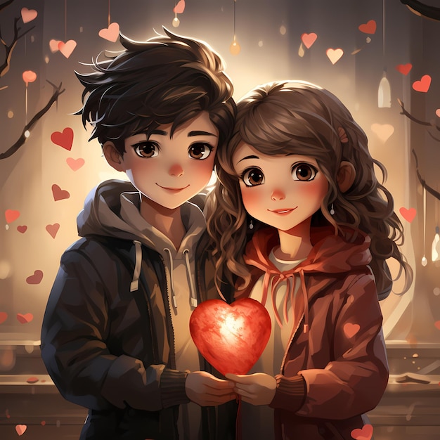 boy with girl valentine day heart love cartoon