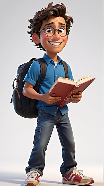 a boy with glasses and a backpack is standing next to a book