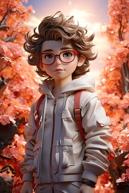 A boy with glasses and a backpack standing in front of a tree generative ai image