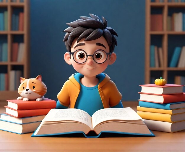 Foto un ragazzo con gli occhiali e un libro intitolato 