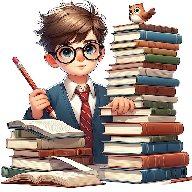 Boy with glasses holding a stack of books world book day